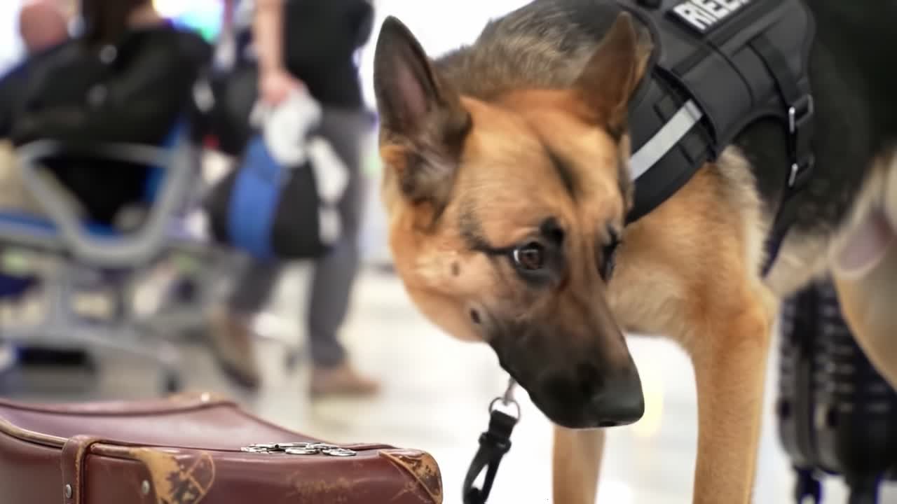 A Dedicated Canine Detection Expert Sniffs a Suspicious Suitcase, Showcasing the Vital Role of Working Dogs in Enhancing Airport Security Operations and Passenger Safety