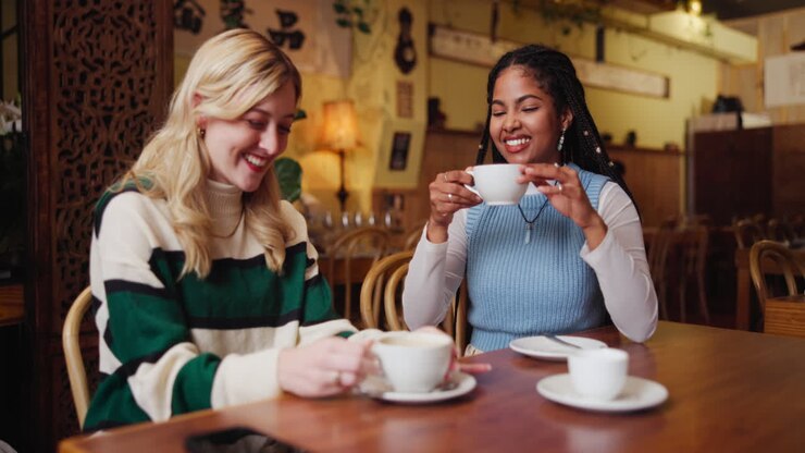Two women enjoying coffee at a cafe