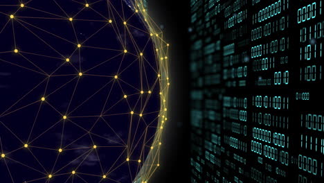 animation of globe with binary coding and data processing over dark background