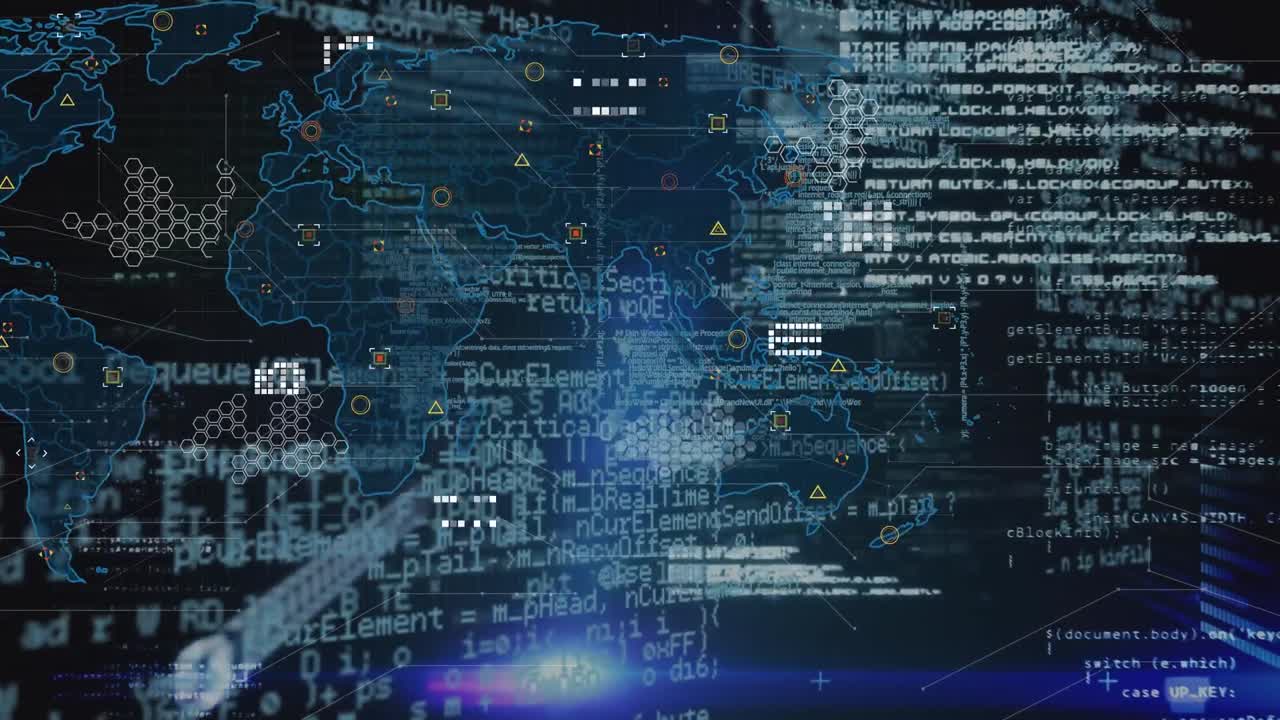 Animation of data, icons and world map on black background