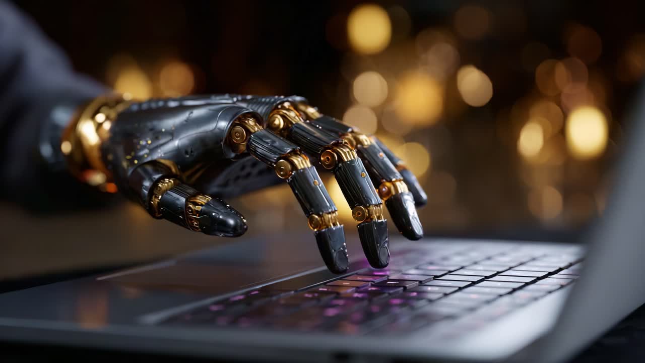 Una mano robotica futuristica intenta a digitare su una tastiera di un laptop, che incarna la tecnologia avanzata e l'innovazione nella robotica e nell'interazione uomo-macchina