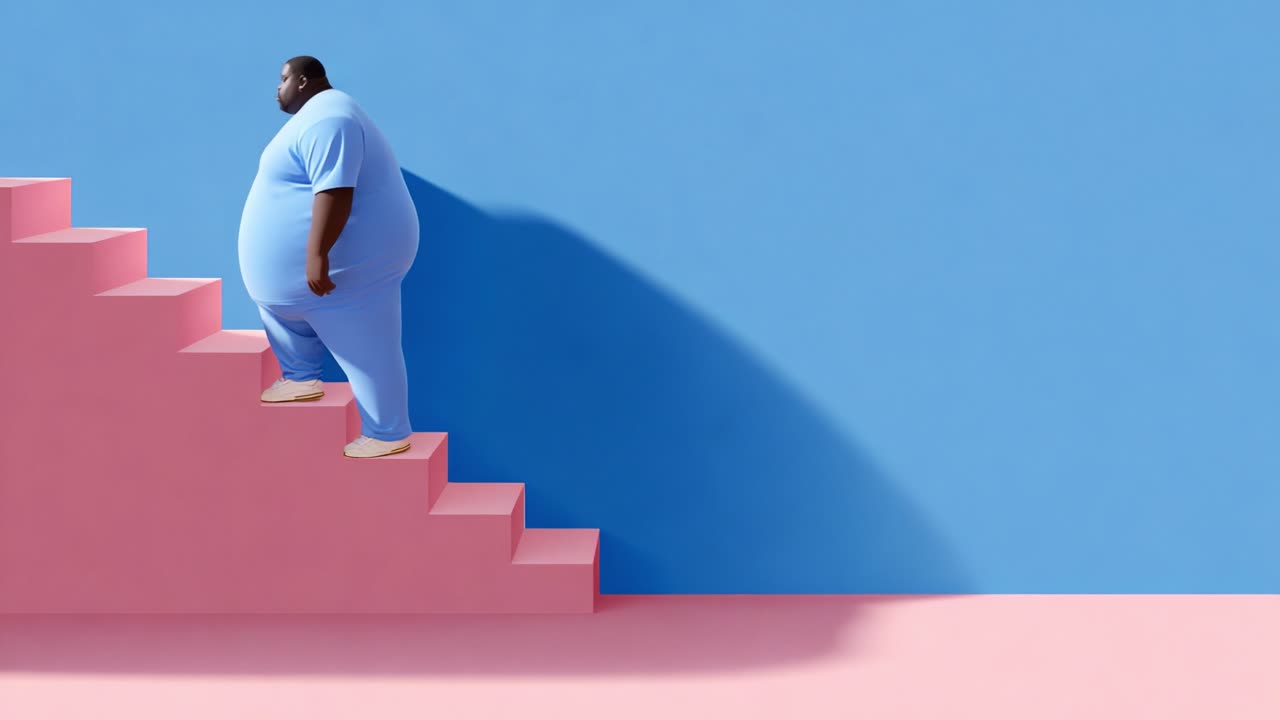 A contemplative journey of self-discovery, capturing the essence of resilience, as a figure navigates bold pink and blue steps, reflecting on personal growth and physical challenges in a vibrant setting
