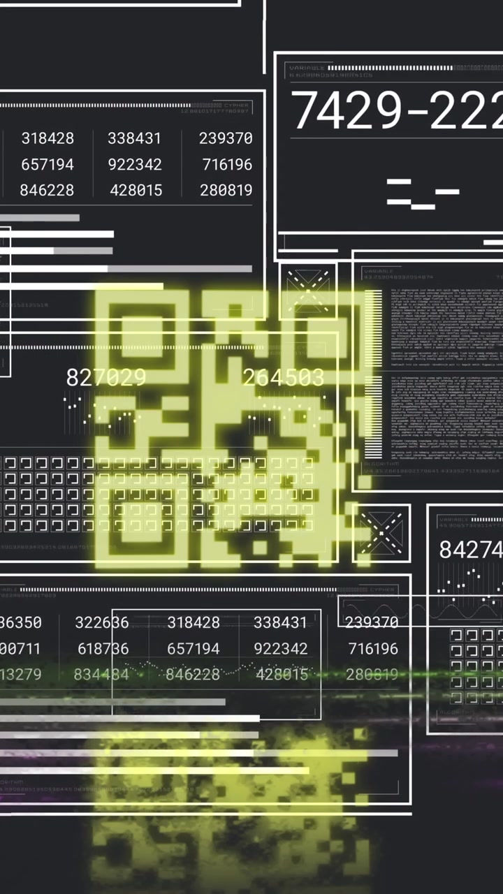 Futuristische Benutzeroberfläche mit leuchtendem QR-Code und Daten.