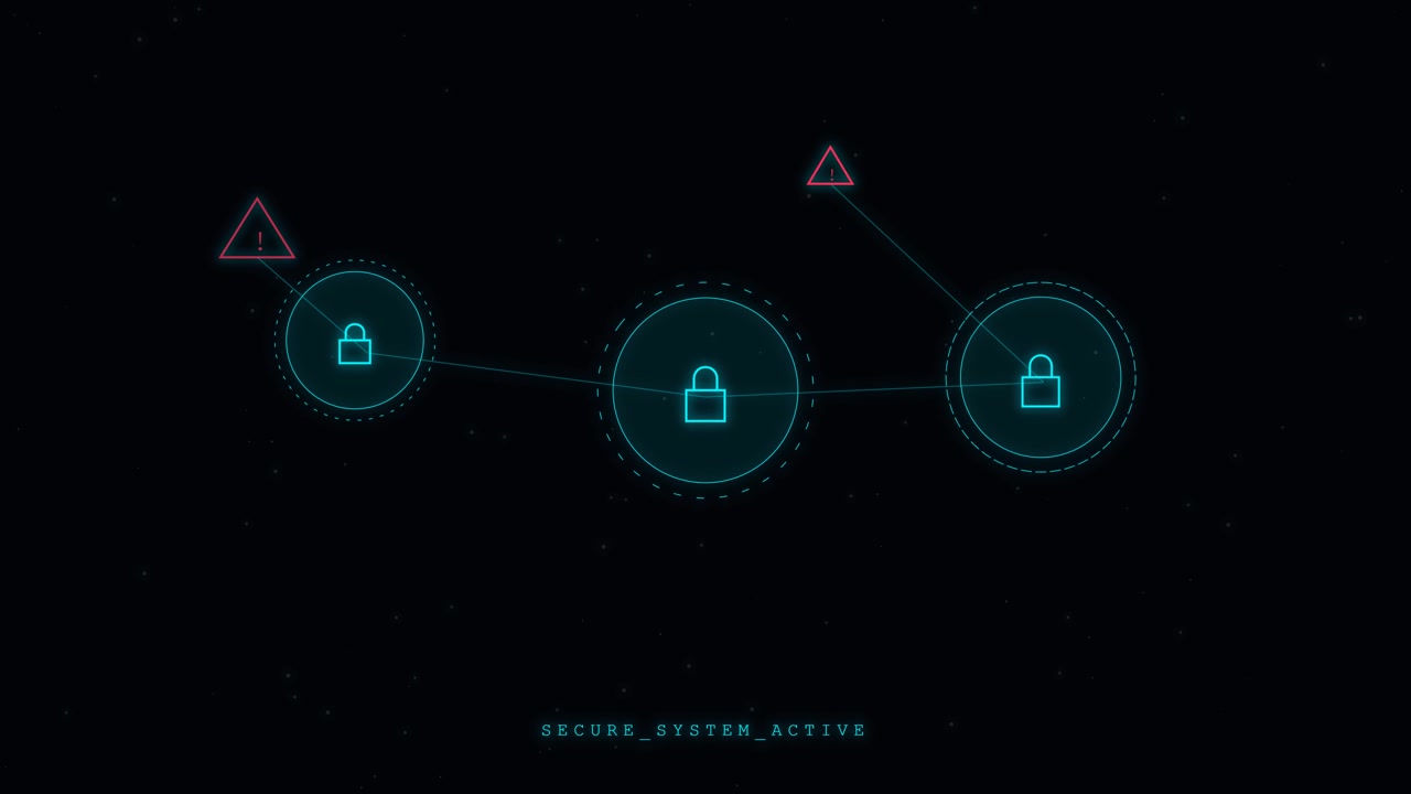 Digital Network Security Interface with Locked Nodes and Warning Icons