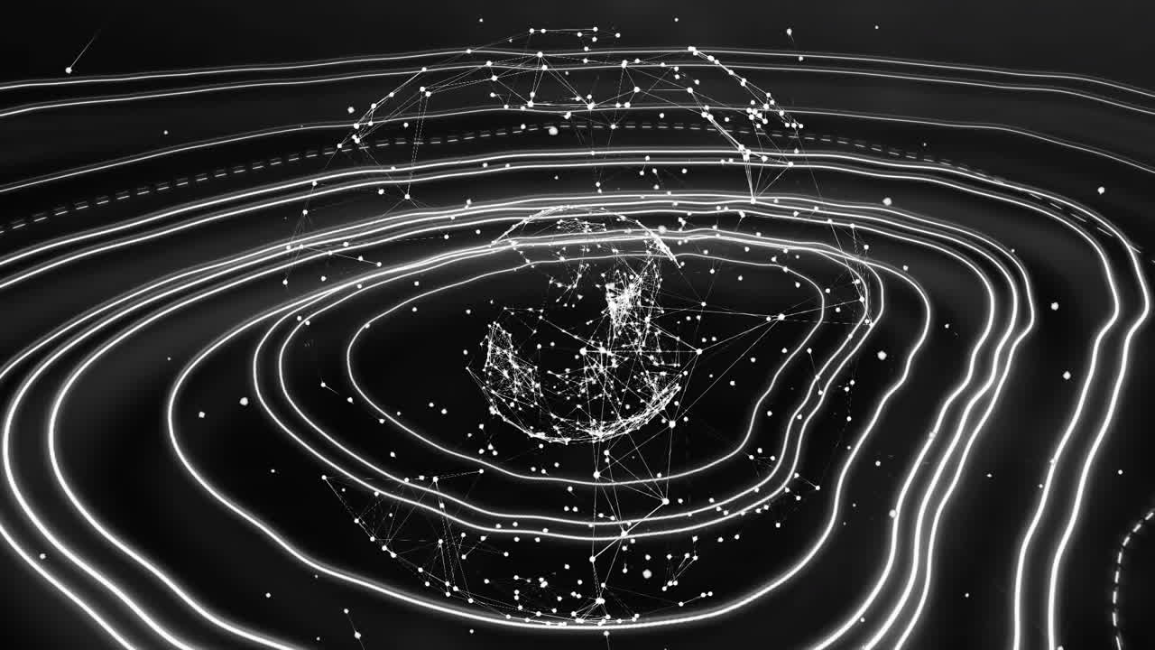 White dots and spinning globe over white lines