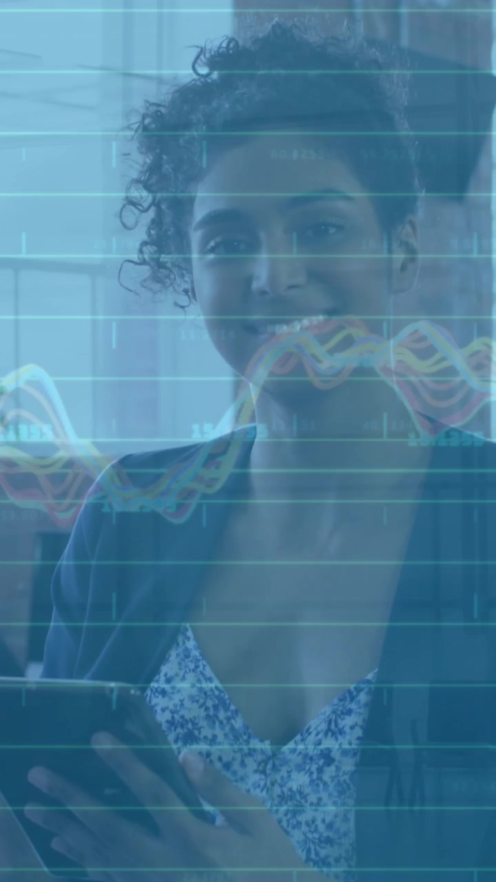Animation of financial data processing over diverse business people working at office