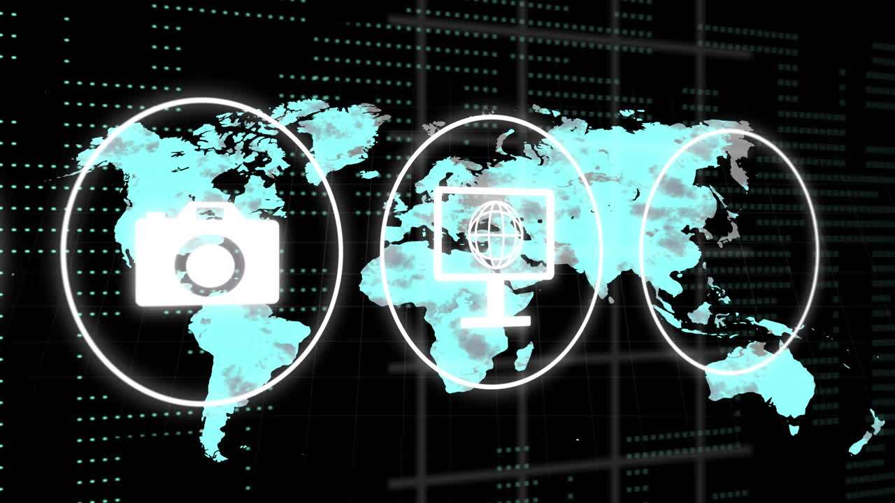 아이콘, 연결 및 세계 지도에 대한 데이터 처리의 애니메이션