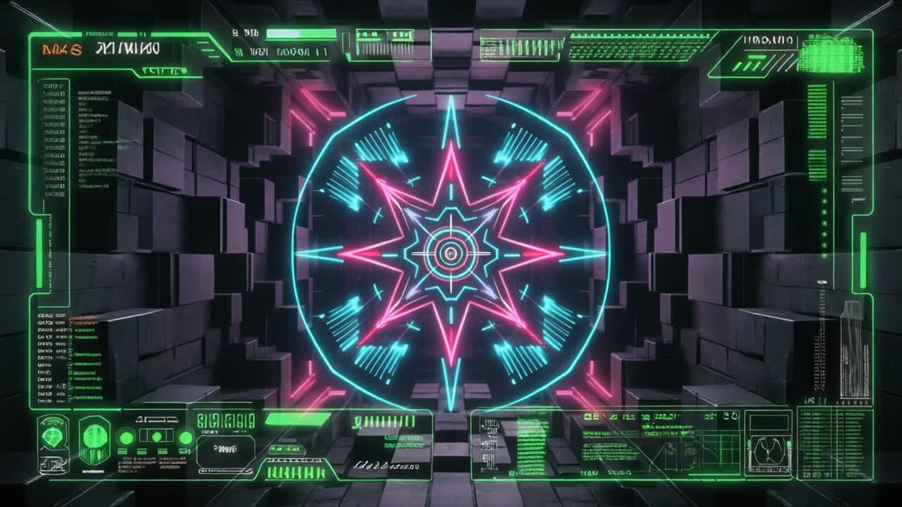 Digital HUD Overlay in a Futuristic Neon Geometric Tunnel