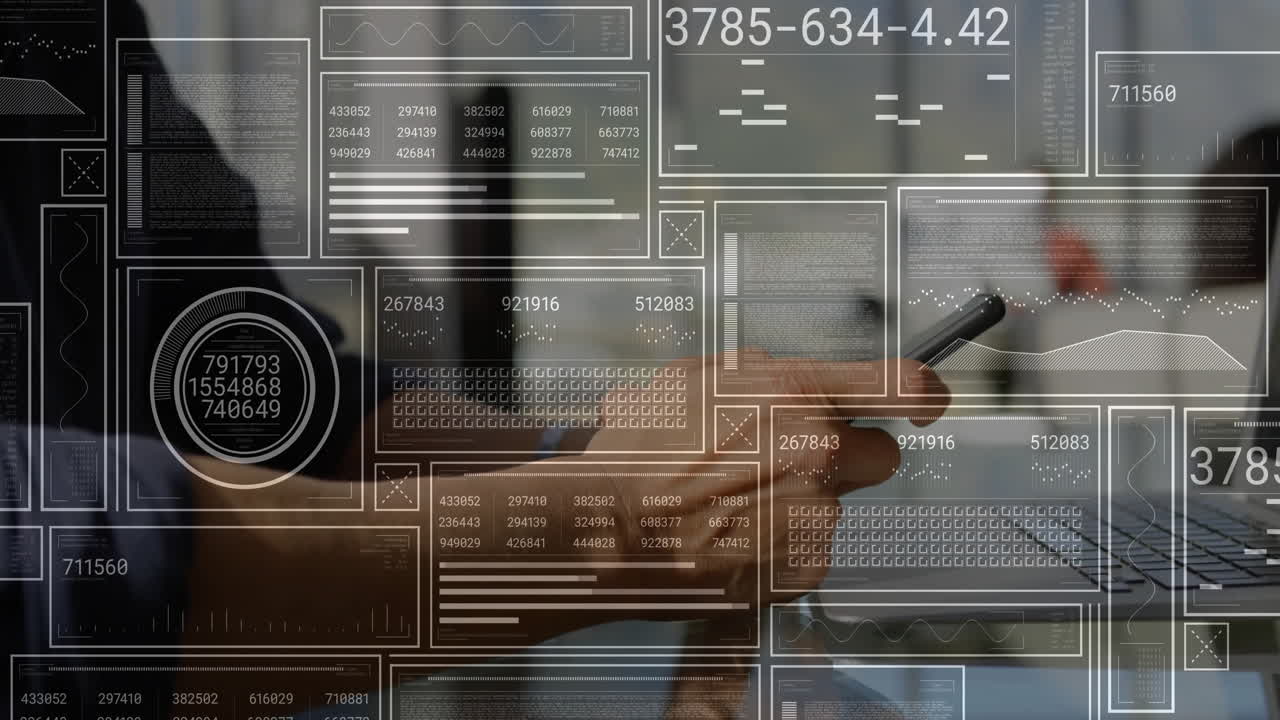 Hand and smartphone being animated over laptop keyboard, with floating data panels in flat design