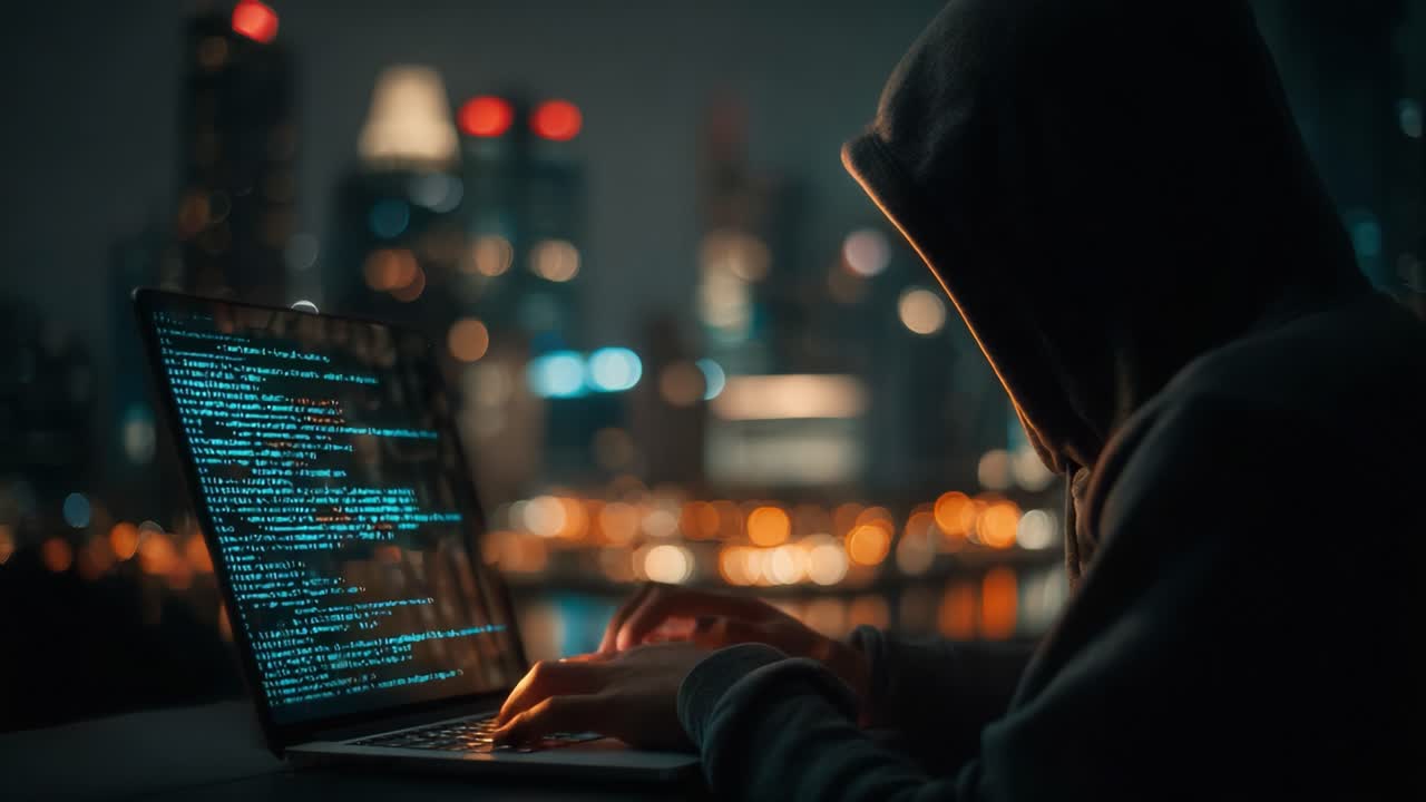 A Mysterious Figure in a Hoodie Hacking at Night, Illuminated by Laptop Code Against a City Skyline with Bright Lights and Dark Atmosphere