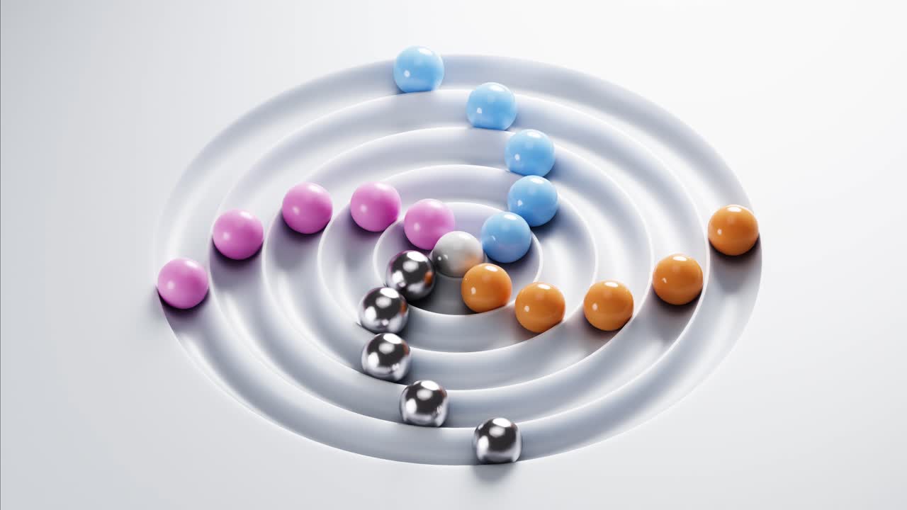 Colorful Spheres Rolling in Concentric Grooves on White Surface