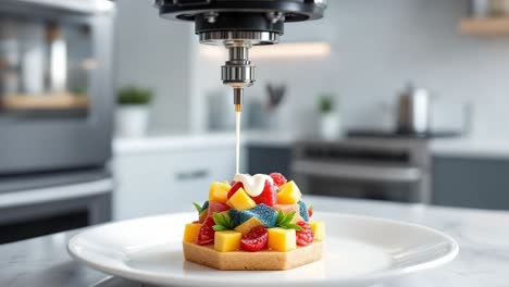 automated machine is delicately decorating a vibrant fruit tart with precision in a modern kitchen, showcasing the intricate details of the dessert and the technology involved in food preparation