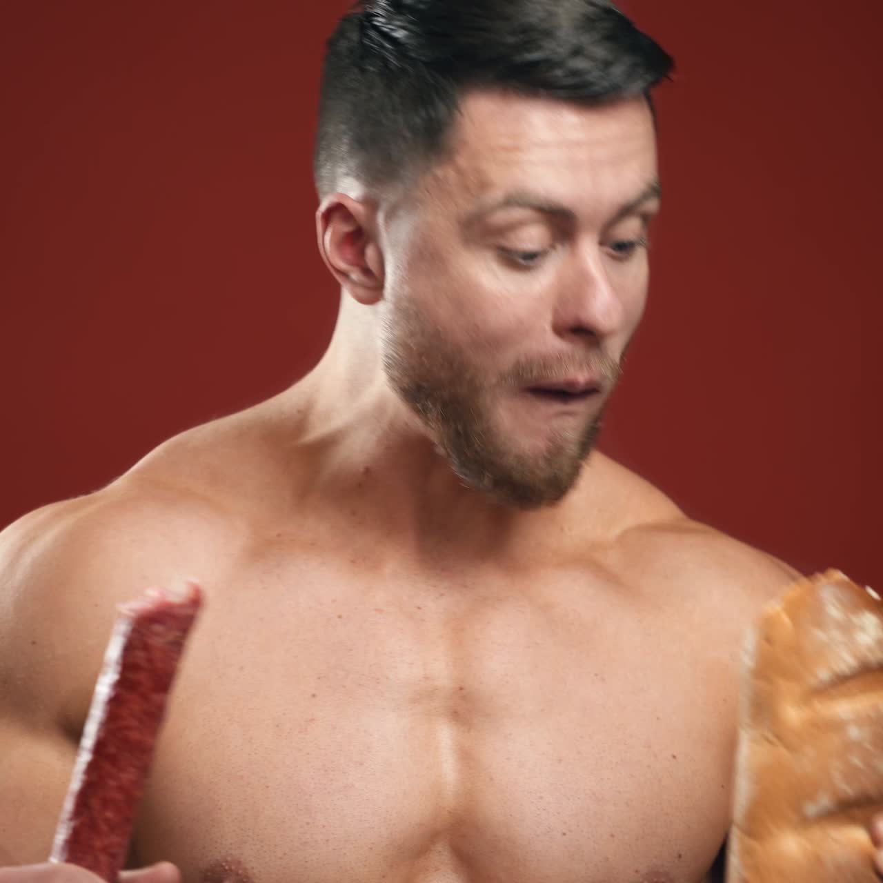 Handsome muscular man with different food