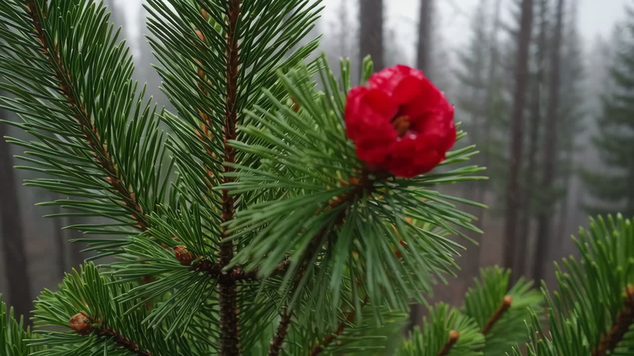 flor roja en la rama de un pino en un bosque de niebla