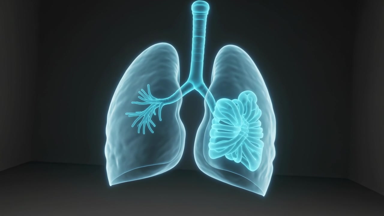 Secuencia de inicio de pulmones 3D cian brillantes, acercándose y resaltando un lóbulo enrollado en una cámara de visualización.