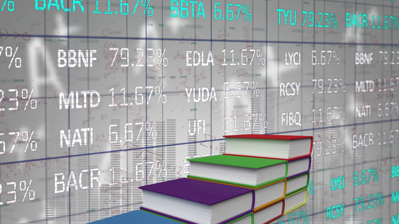 Colorful books stacked on financial data with stock market percentages in school