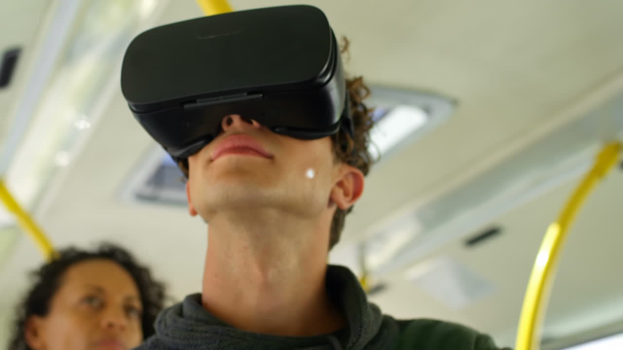 Connectors moving and digital data on man using VR helmet