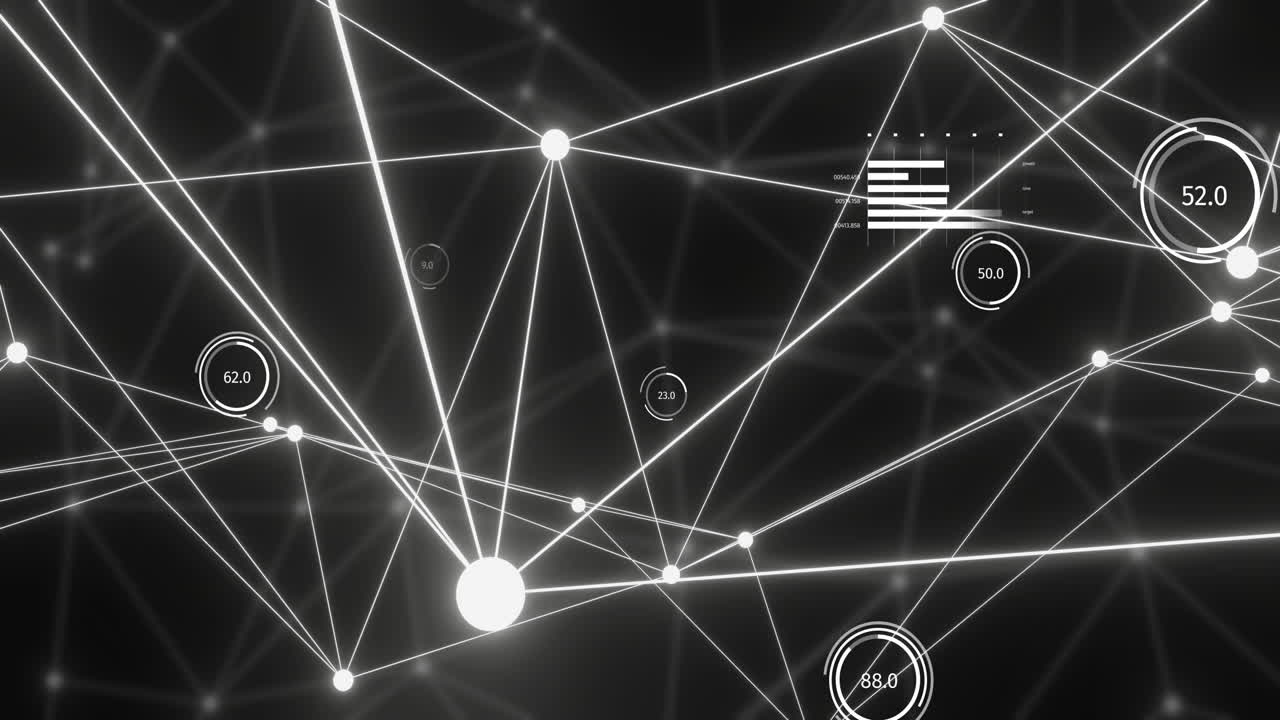 animación de la red de conexiones con nodos brillantes sobre fondo negro