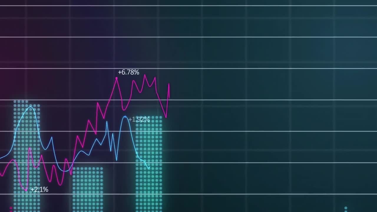 Animation of multiple graphs with changing numbers and grid pattern over black background