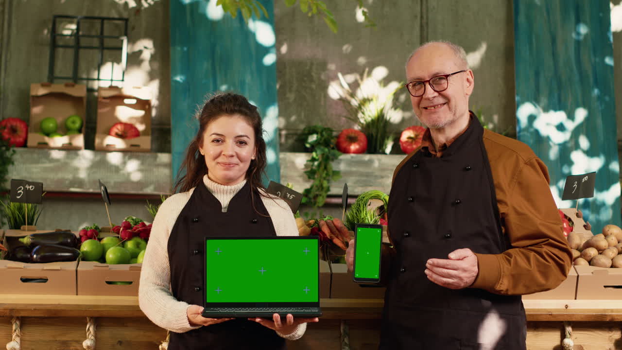 People displaying electronic devices at a produce stand