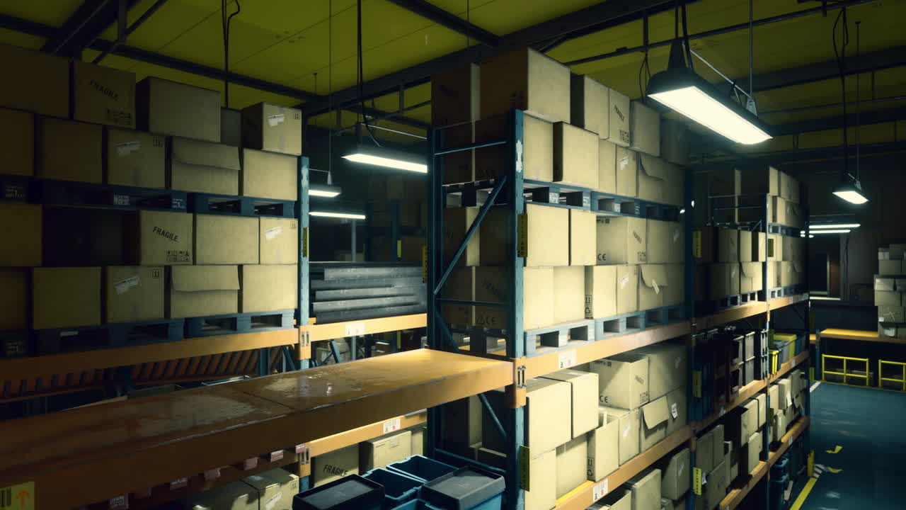 Warehouse interior with organized shelves and cardboard boxes
