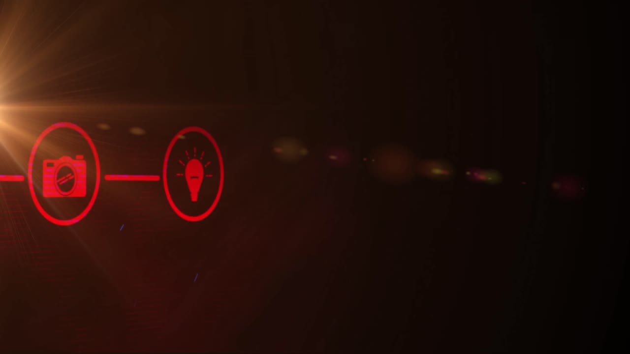 animación digital de una red de iconos digitales sobre un punto de luz contra un fondo rojo