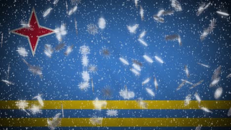 aruba flag falling snow loopable, new year and christmas background, loop