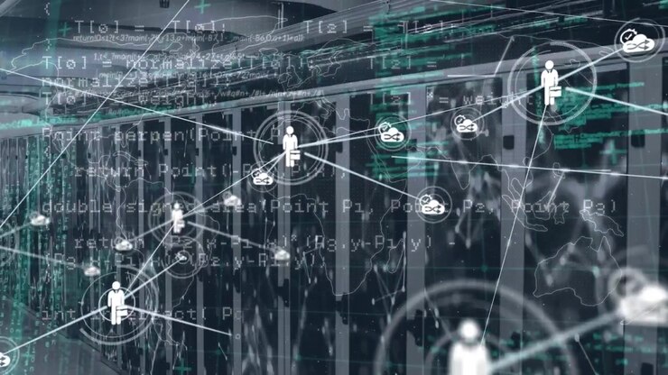 Animation of network of connections and data processing over cityscape