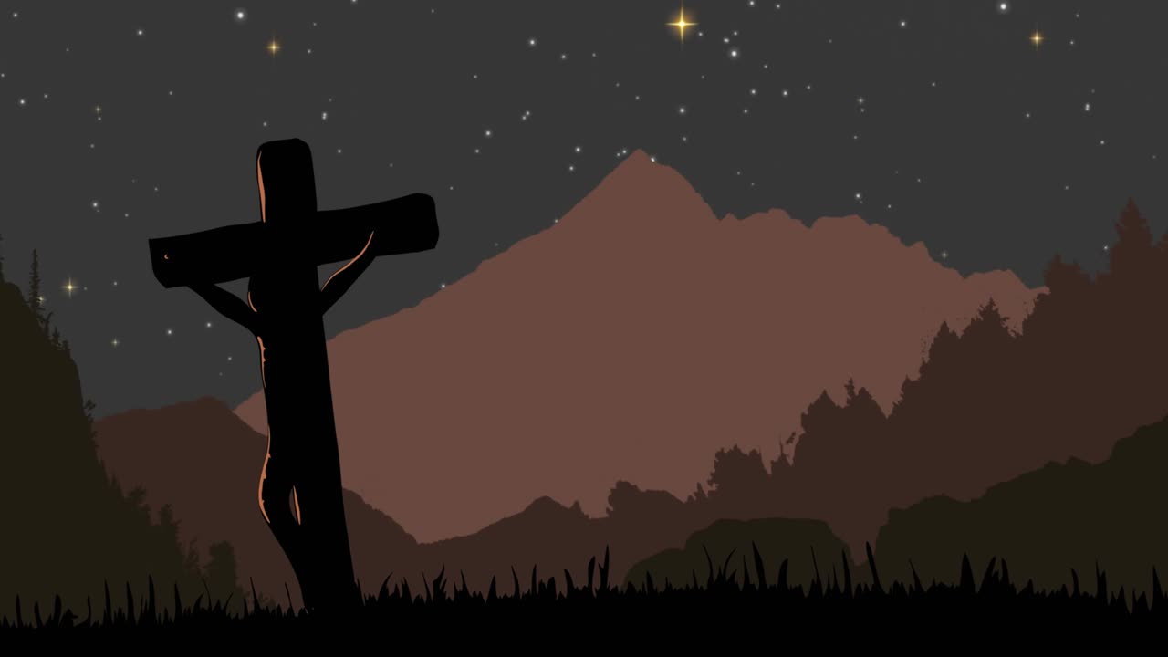 밤에 산과 함께 풍경에 대한 기독교 십자가