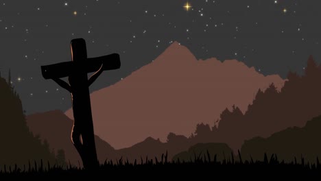 christian cross against landscape with mountains at night