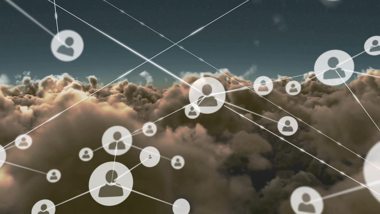 Animation of network of connections with people icons over sky with clouds