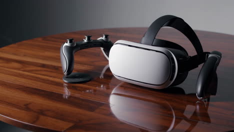 vr headset and controllers on a table