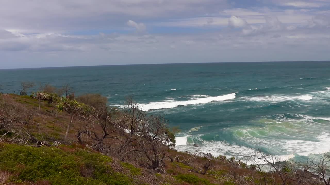 alto punto de vista de las impresionantes olas del océano que llegan a la playa en la caminata del parque nacional de noosa en noosa heads, australia