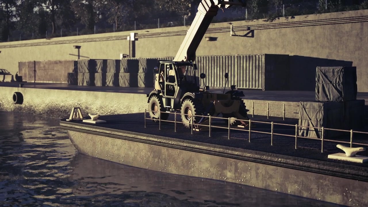 Cantiere portuale con gru e merci impilate di sera.