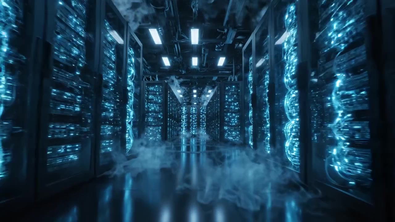 A Glimpse into the Future of Data Centers: High-Tech Server Racks Illuminated in Blue Light with a Futuristic Aesthetic and Stylish Design in an Advanced Computing Environment