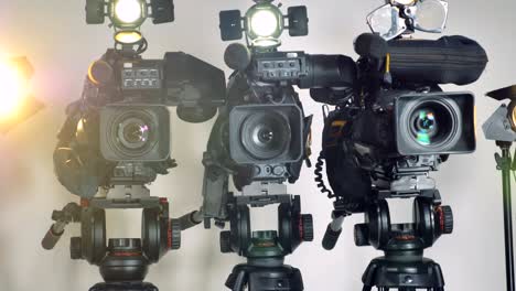 professional video cameras on adjustable tripods.