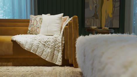 cozy living room with comfortable couch and chair - panning shot