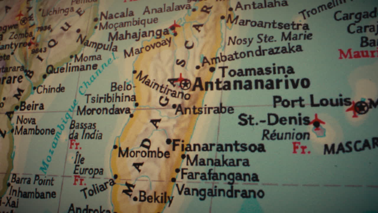 Close-up View of a Map of Madagascar and Surrounding Areas