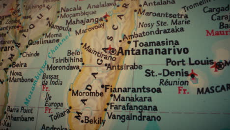 close-up view of a map of madagascar and surrounding areas