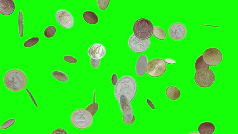 euro coins falling on green screen with alpha matte