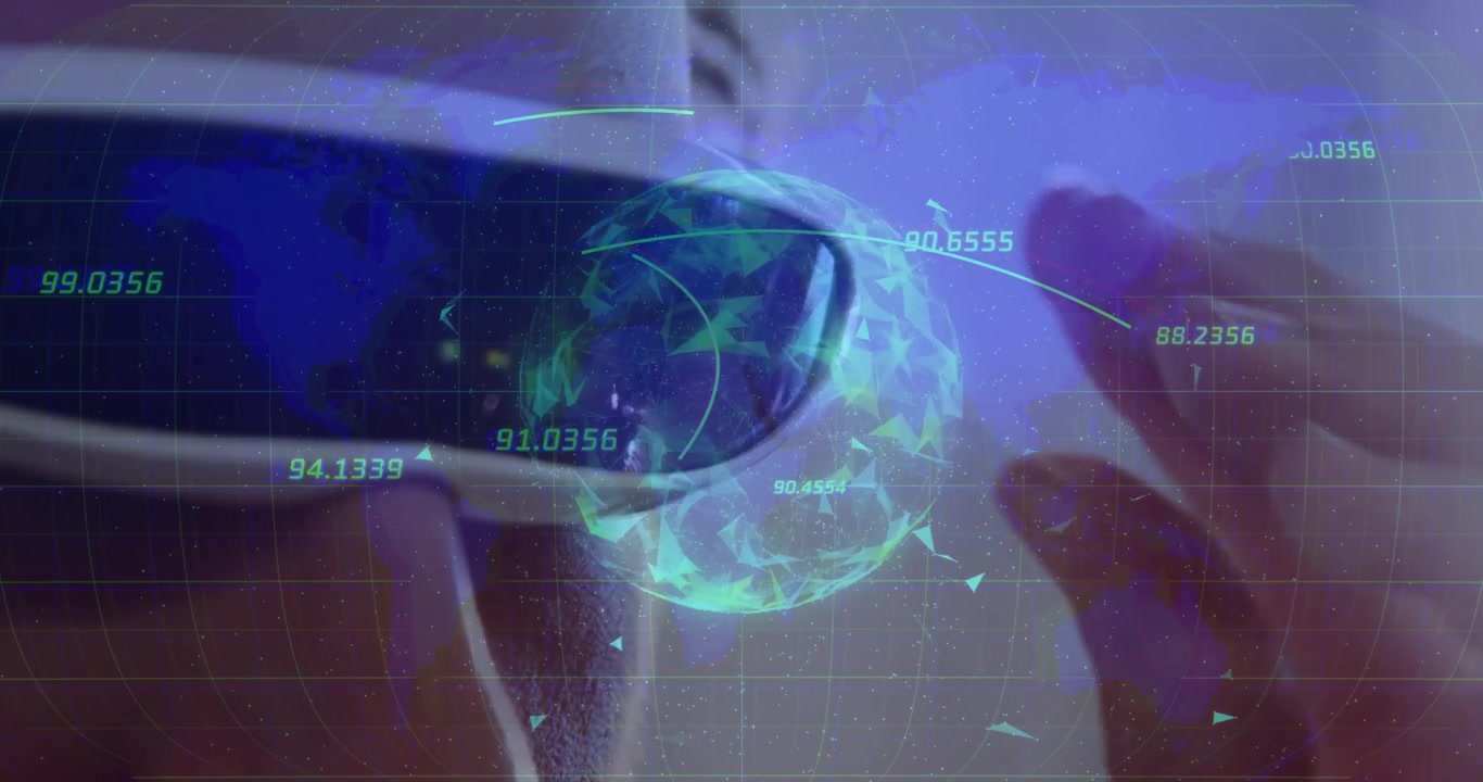 Usuario tocando la lente de los auriculares activando un globo holográfico que escanea y visualiza métricas globales