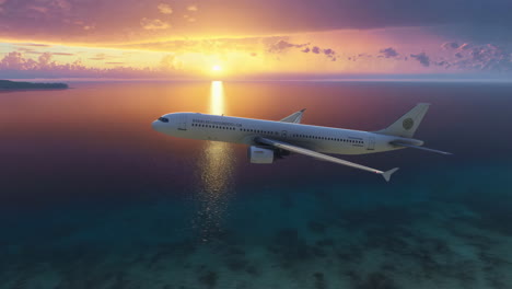airplane flying over the ocean at sunset