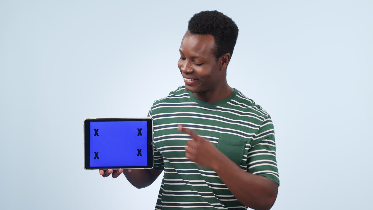 Tablet screen, smile and black man point at studio