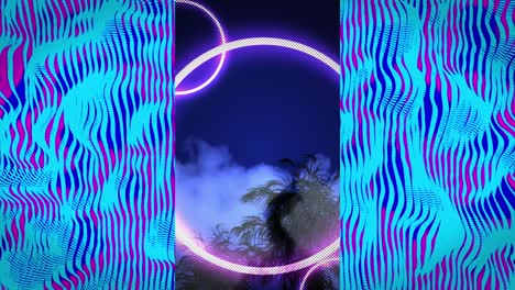 Animation-of-blue-shapes-and-neon-circles-over-tree-and-clouds