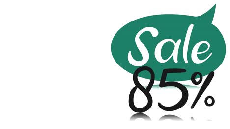 animación. banner publicitario, cartel. burbuja de habla con venta de inscripción, descuento del 85 por ciento, en fondo blanco. para tiendas en línea, ventas, redes sociales, diferentes plataformas de internet