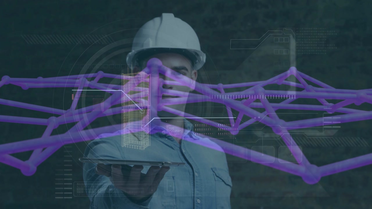 Man in helmet holding palm, purple mesh appearing, HUD overlays raising building for design preview