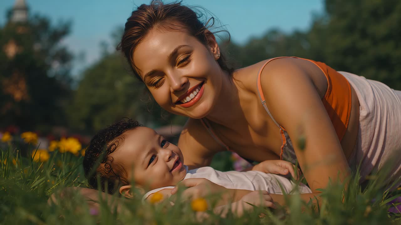 Leaning in woman in orange top smiling and touching infant on grass lawn, wildflowers and onesie