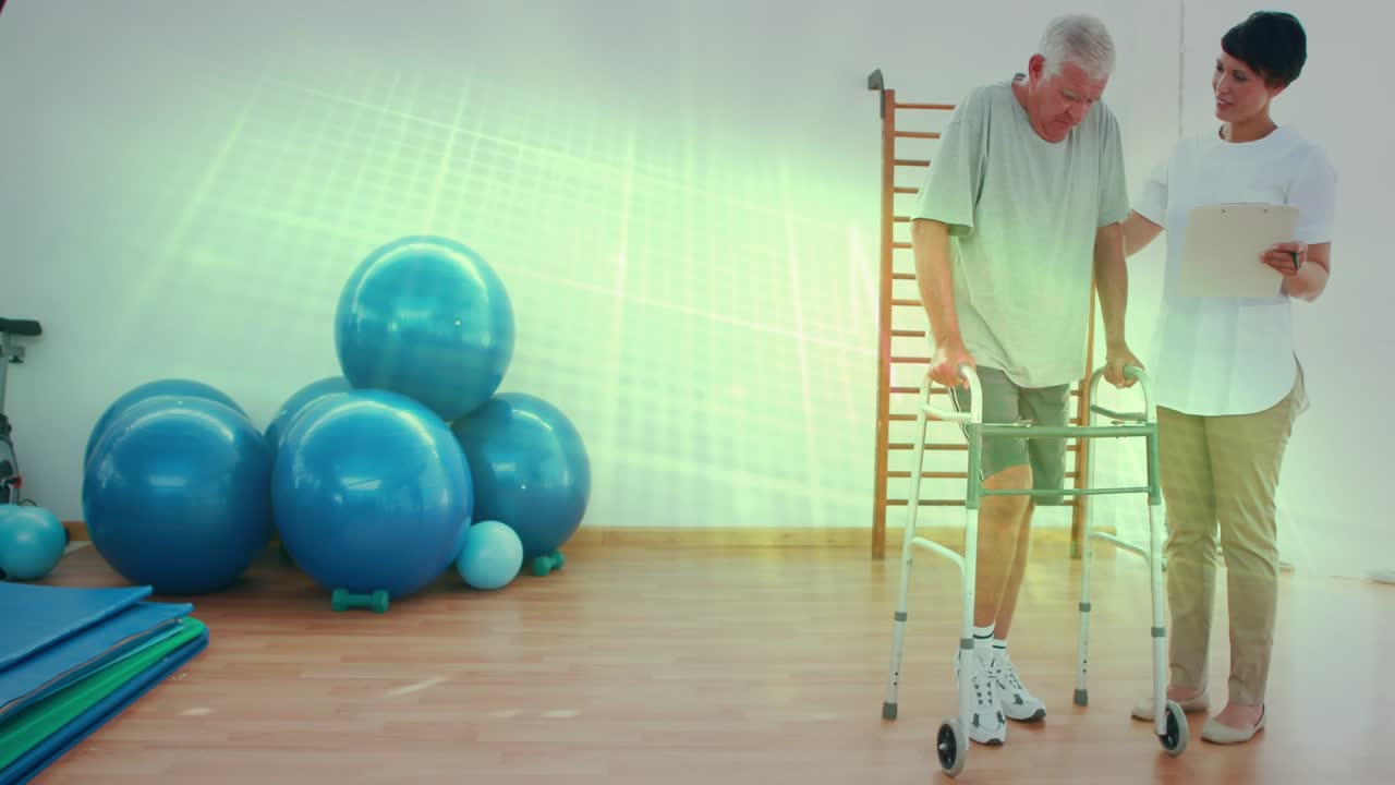 Man shifting into walker doing gait for balance rehab PT helping animated chart updating per step