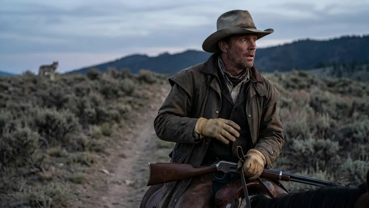 Cowboy a cavallo con fucile
