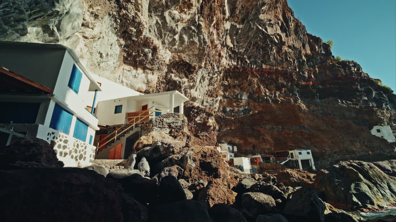 Panoramic view inside the Porís de Candelaria in Palma Island, Canary Islands, Spain. Fishing village inside a rugged coastline cave. Hidden Gem.